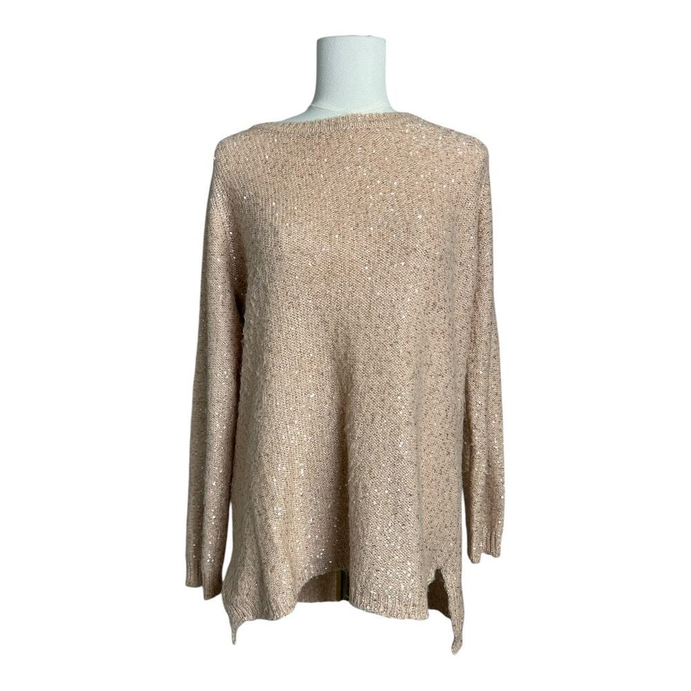 Calvin Klein Womens Sweater Large Knit Beige Tunic Oversized Fall Sequin Bling